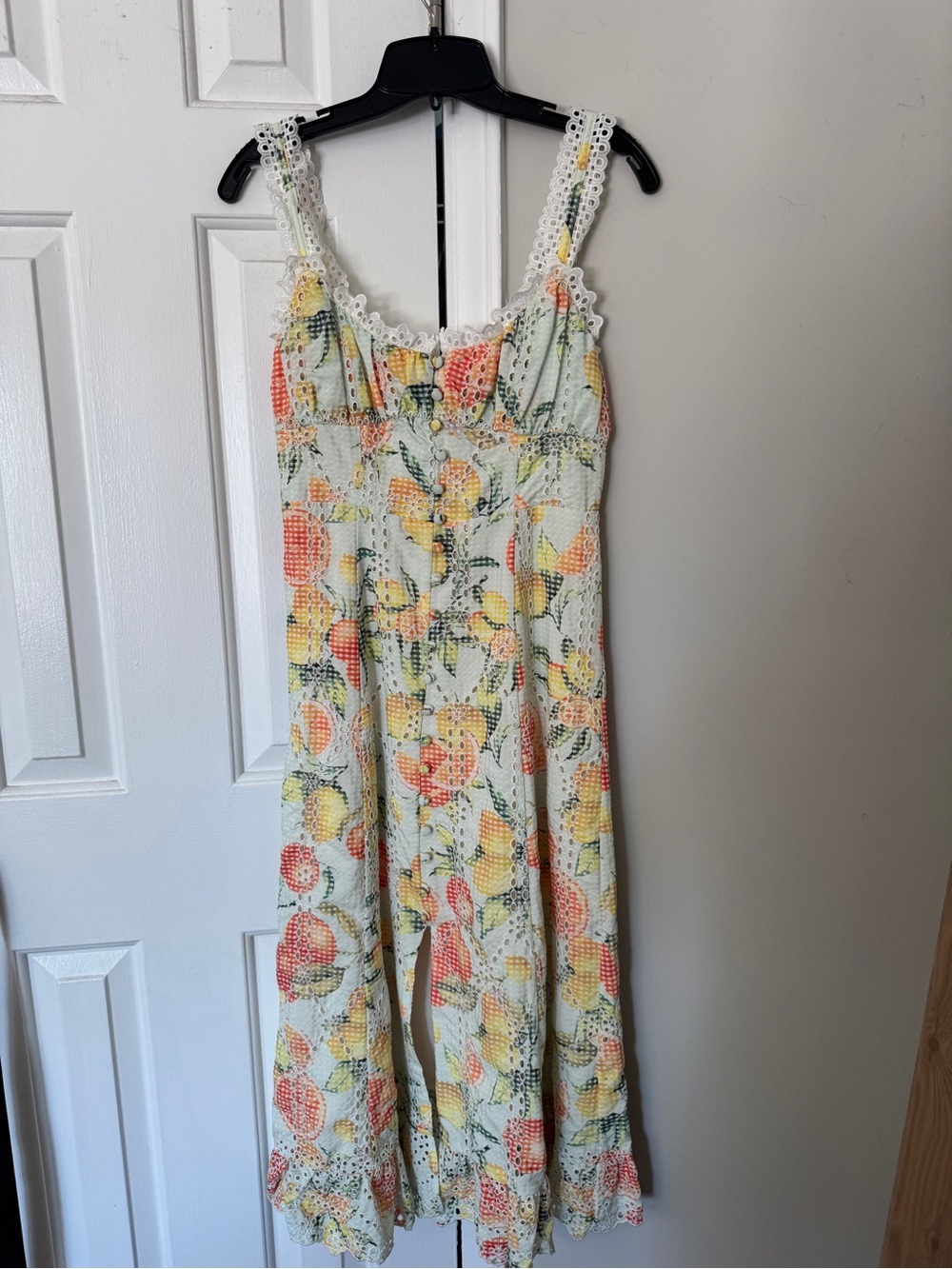 Sunny Lemon and Orange Print Eyelet sleeveless lined Midi Dress - Picture 3 of 14